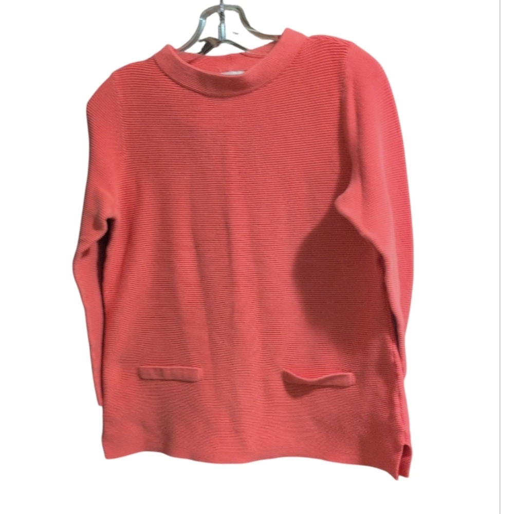 Talbots Women’s Pink Coral Rib Knit Tunic Sweater – Round Neck with Front Pocket